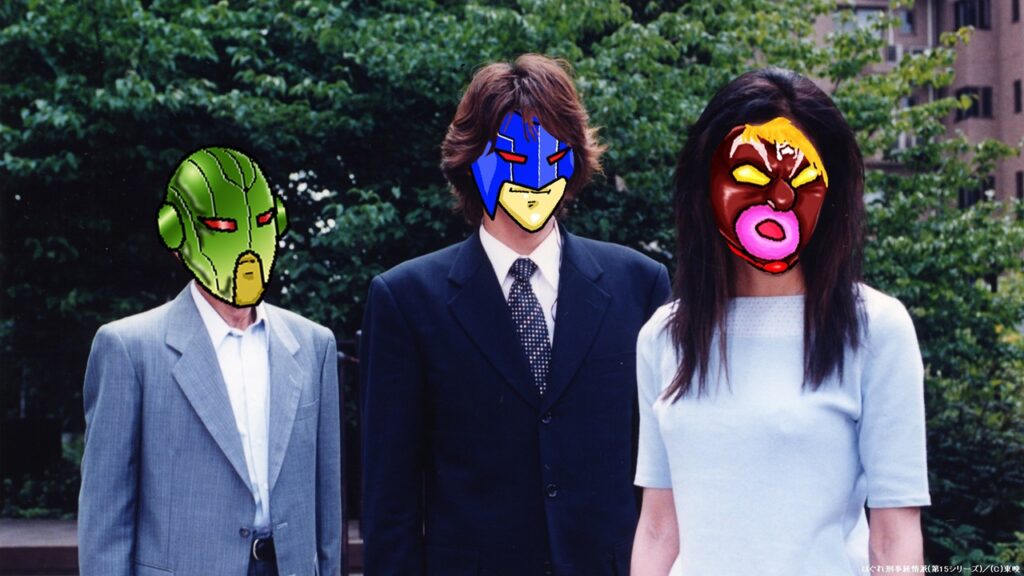 キン肉マン502話感想挿絵。スーツ姿のエクサベーターが刑事ドラマ風に登場する「旦那刑事の捜査風景」を描いたパロディイラスト