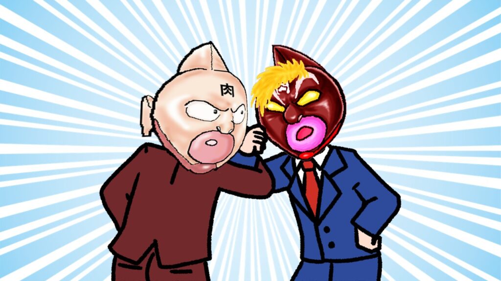 マッスル・ブラザーズⅢの結束力を表すパロディイラスト。スグルとグレートⅢがガッチリと腕を組み、強い連帯感を誇示する場面。