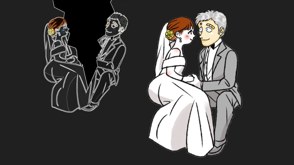 白黒タッチで描かれたテリーマンとナツコの結婚未遂シーン。未来改変の余韻を表す
