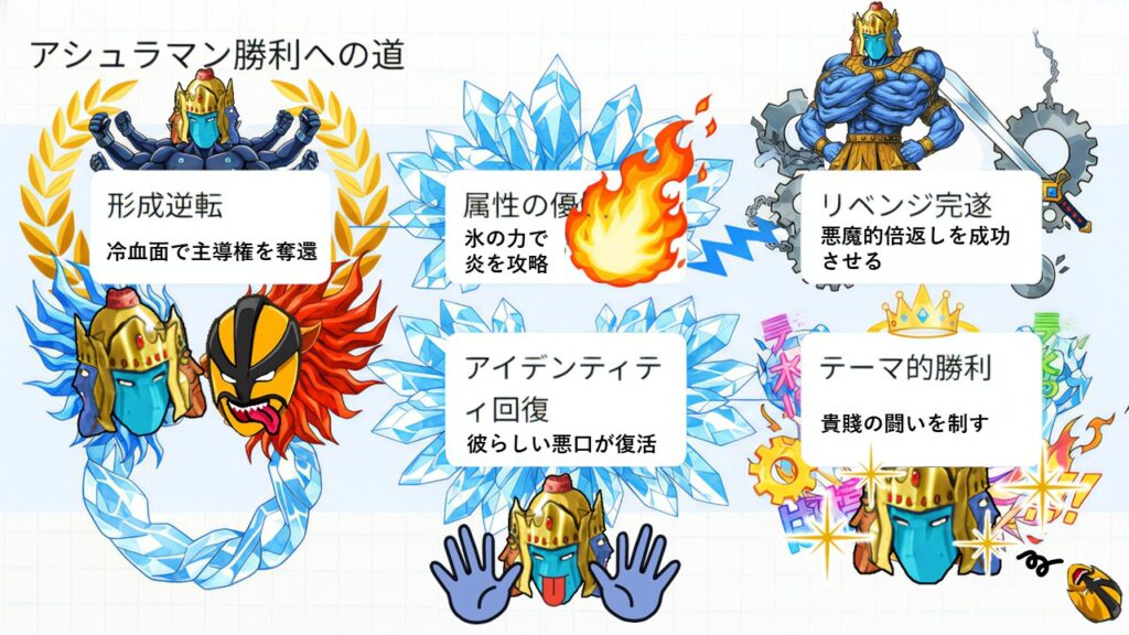 冷血面での形成逆転から属性優位、倍返し完遂、貴賤の闘いの勝利、悪口復活まで──アシュラマン勝利への道をステップ構造で示したまとめイラスト