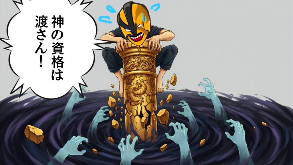 神候補の座を失うことに怯えるサラマンダーの心理を表現したイラスト。無価値になる恐怖にしがみつく姿