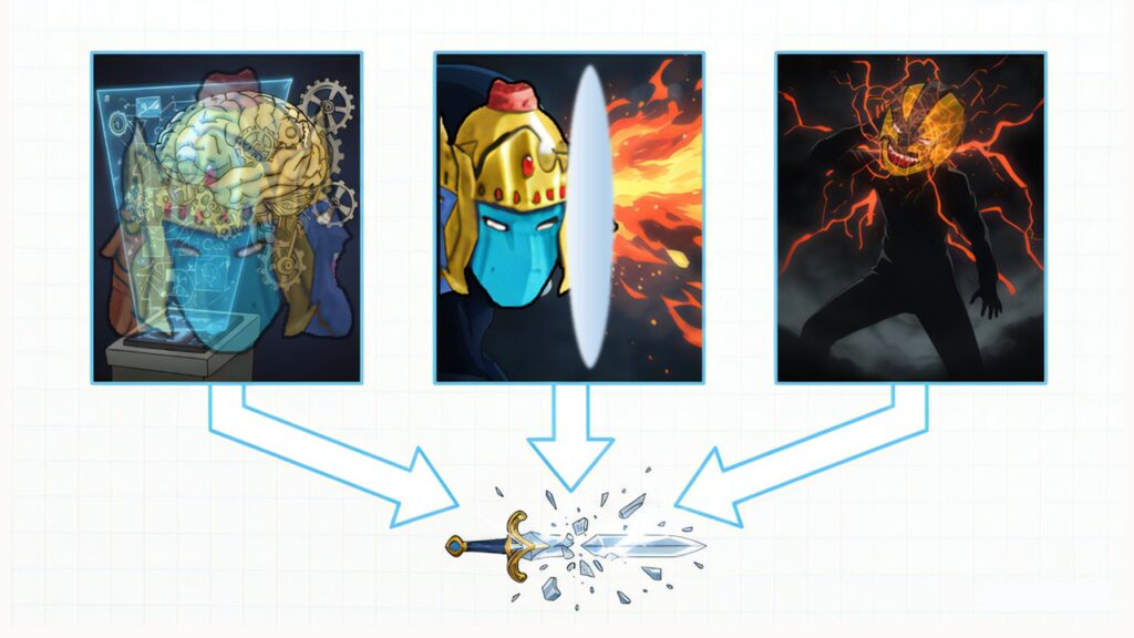 強力だが攻略される運命にある『サラマンダー ジェニュインテラー』を諸刃の剣として表現したイラスト。サラマンダーの悪手を象徴