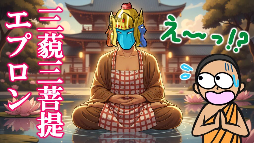 仏教用語『三藐三菩提』とエプロンを組み合わせた『三藐三菩提エプロン』をコミカルに描いたイラスト。キン肉マンらしいアヴァンギャルド表現