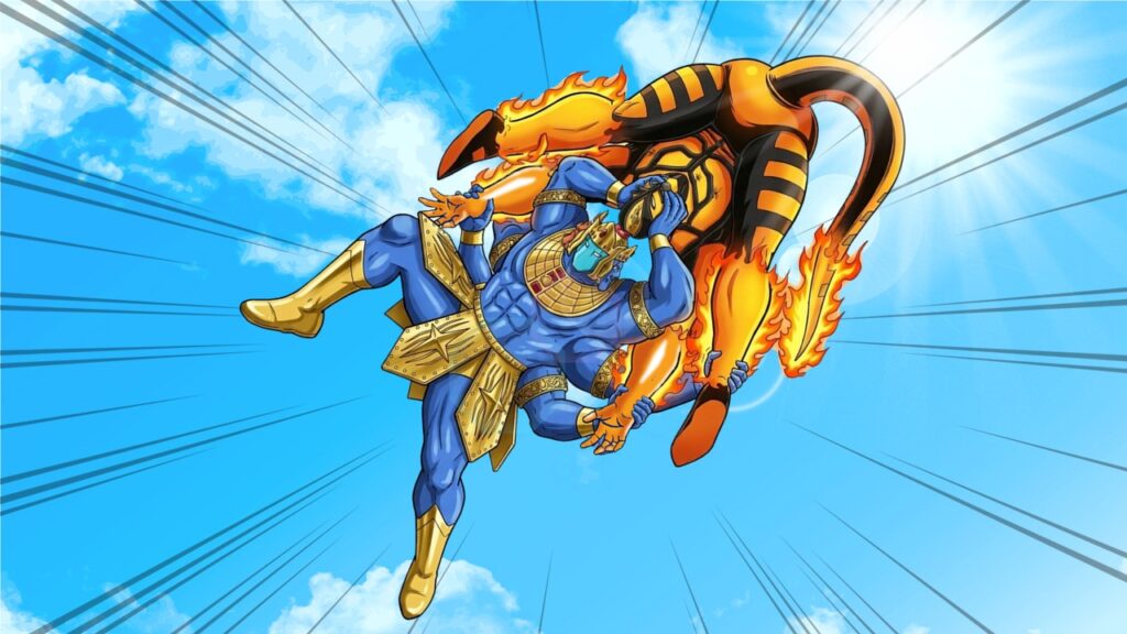 サラマンダーを改良・阿修羅バスターの体勢に捕らえるアシュラマンを描いたクライマックスイラスト。524話の決着予告シーン