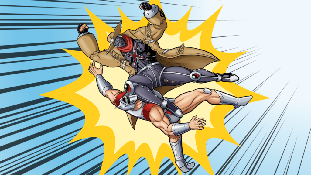 ペシミマンがロビンマスクにジャンピング・ニーパッドを炸裂させる526話の先制攻撃シーンを描いたイラスト
