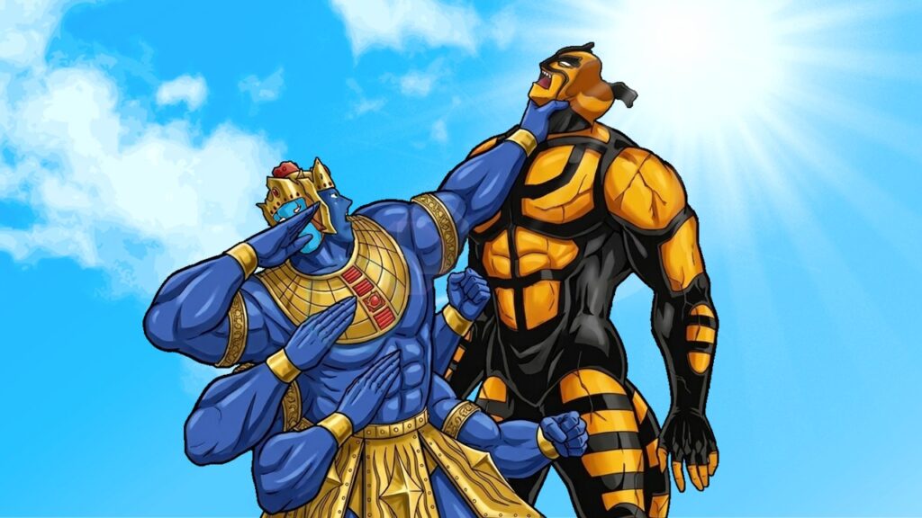 瀕死のサラマンダーに手刀を構えるアシュラマンの“悪魔回帰”を描いたイラスト。冷酷な決断力を象徴