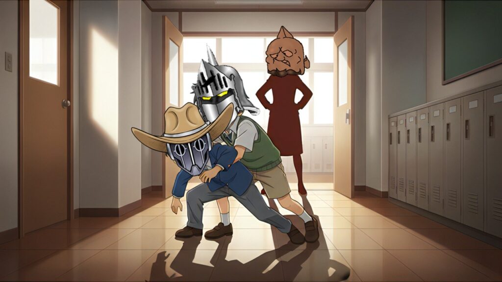 ロビンとペシミマンの取っ組み合いを“中学生の廊下ケンカ”風に描いたパロディイラスト。決闘の幼さをコミカルに表現