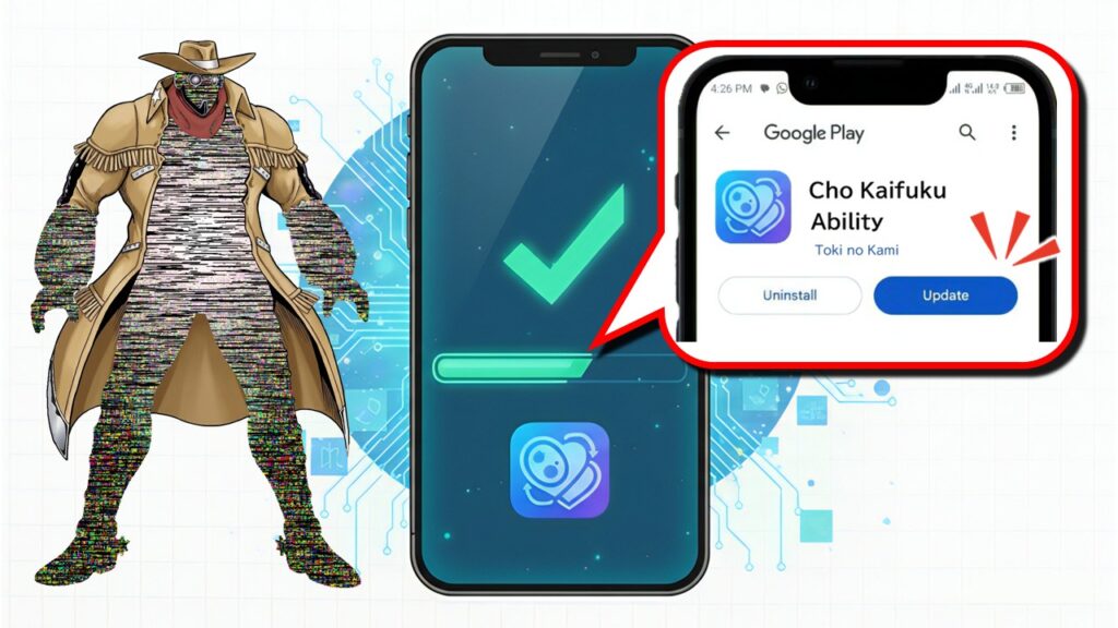“超回復”をアプリのアップデートになぞらえ、Google Playの更新画面風に描いたパロディイラスト。能力再登場の比喩表現