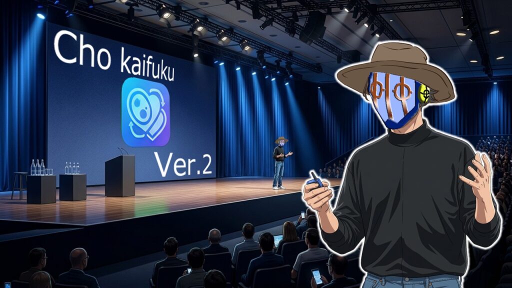 “超回復Ver.2”をジョブズ風プレゼンで発表するパロディイラスト。527話の衝撃展開をテック発表会になぞらえて表現