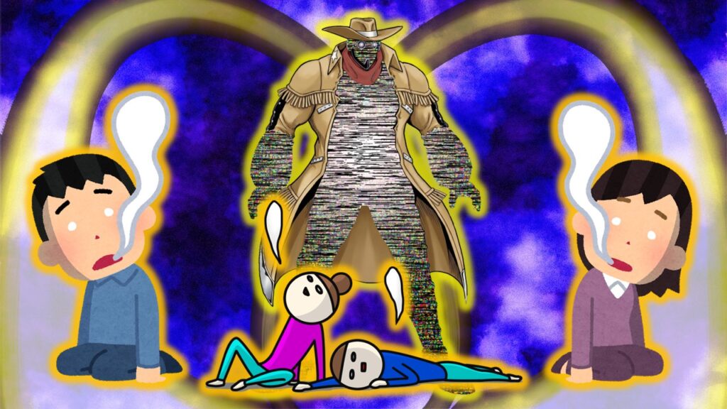 ペシミマンの“超回復”発動で周囲のキャラが精気を吸われたように倒れるパロディイラスト。読者疲弊を象徴した表現