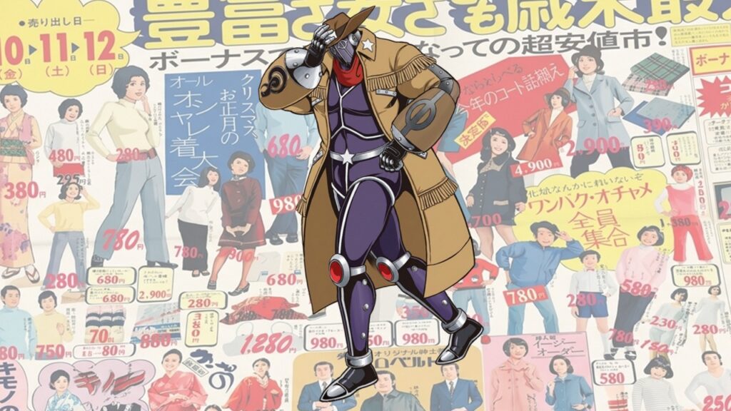 ペシミマンの決めポーズを昭和のローカル洋品店チラシ風に描いたイラスト。ちょいダサ一匹狼キャラの魅力を表現