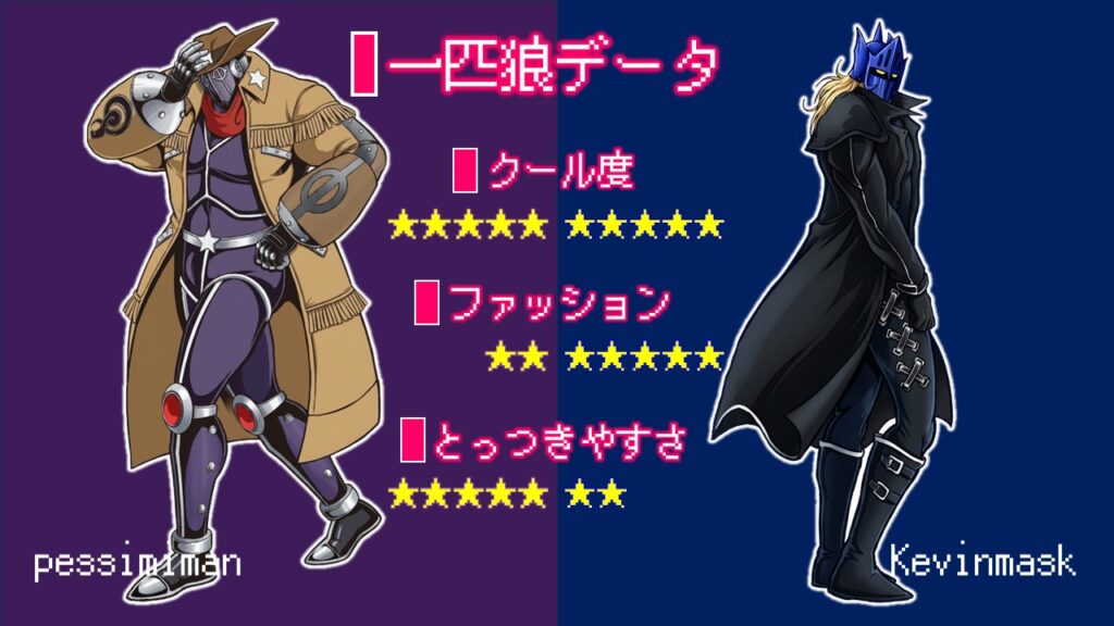 ペシミマンとケビンマスクの“一匹狼データ”を比較したイラスト。クール度・ファッション・とっつきやすさの違いを視覚化