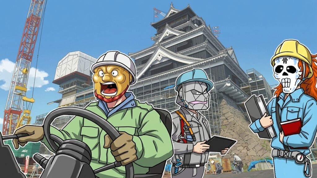 ハラボテ委員長を“城の修繕を監督する現場監督”として描いたイラスト。戦士外キャラの職責が物語を支える構造を象徴