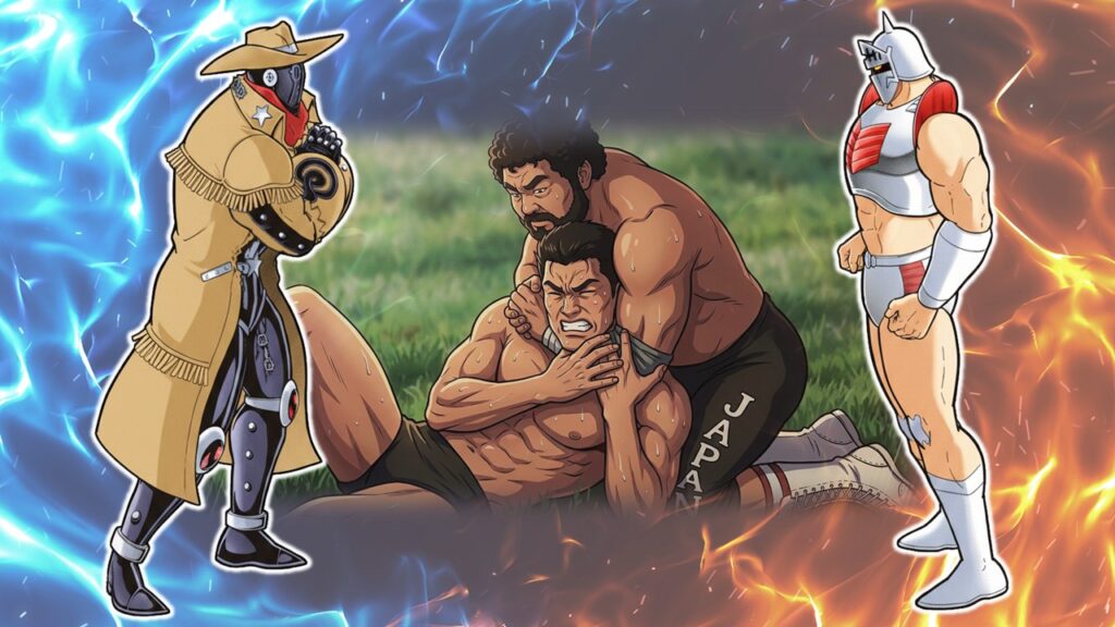 巌流島決戦(猪木vsマサ斎藤)を想起させる構図で、ロビンとペシミマンのにらみ合いを描いたオマージュ風イラスト