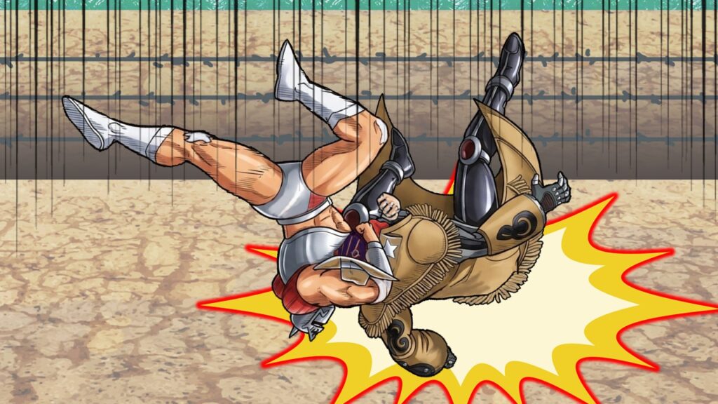 ロビンマスクが苛立ちをにじませながらフィッシャーマンズスープレックスを叩き込むシーンを描いたイラスト。荒々しさが強調された構図