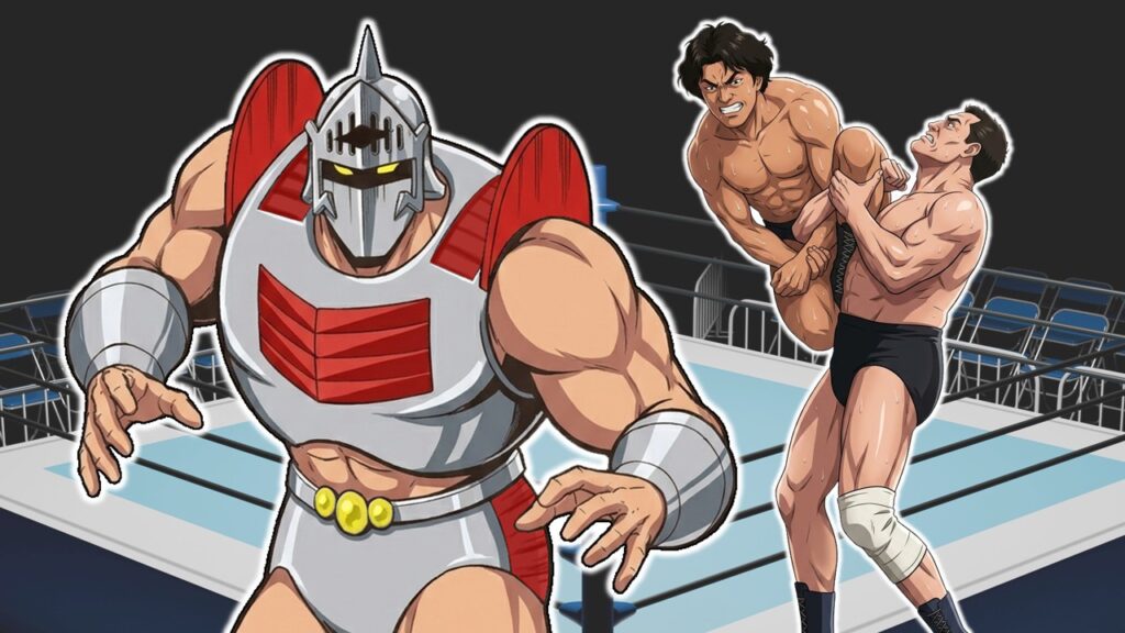 ロビンマスクの強引なバスター脱出を、カール・ゴッチのキーロック脱出と重ね合わせたイラスト。昭和プロレスの文脈を視覚化