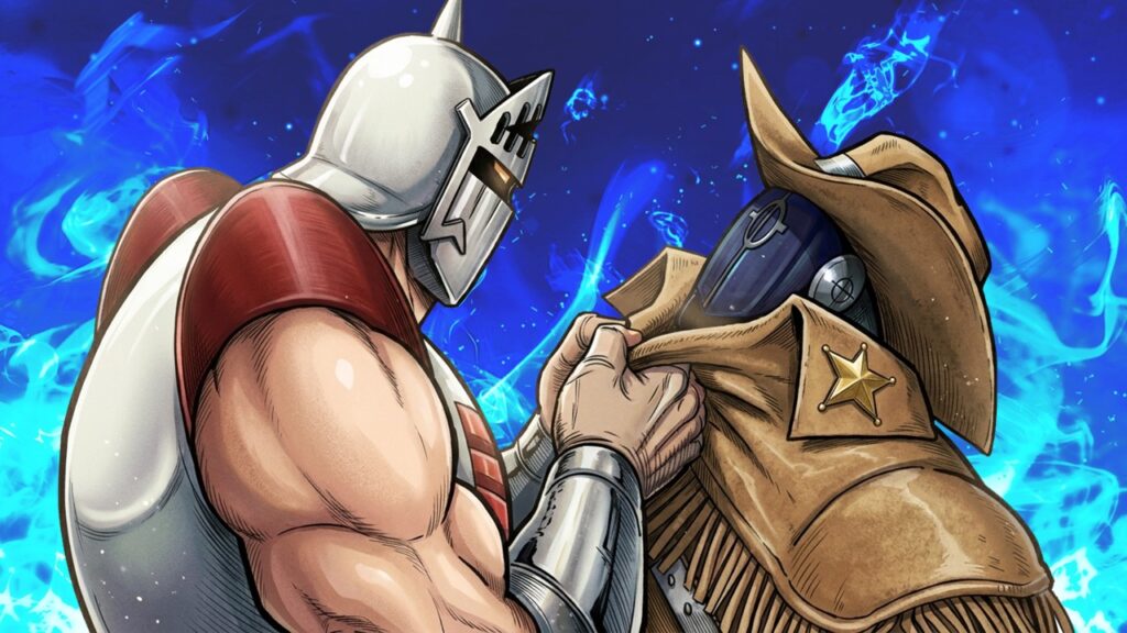 ロビンマスクがペシミマンの胸ぐらを掴みながらも冷静に技量を賞賛する“英国紳士”らしいシーンを描いたイラスト