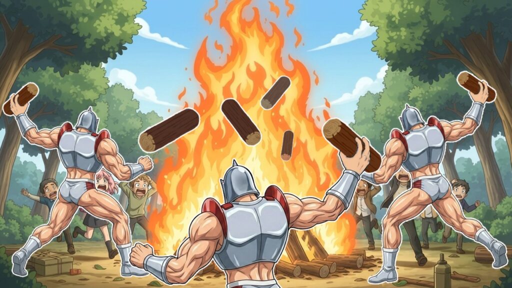 ロビンのKY発言が薪となり、キャンプファイヤーが大炎上する様子を描いたイラスト。530話の“炎上構造”を視覚化