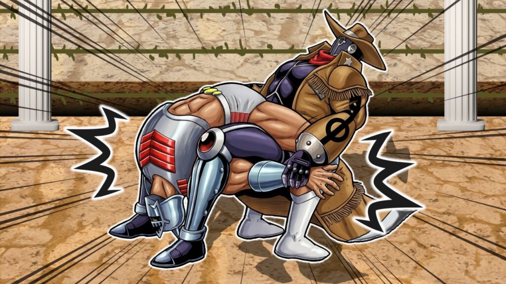 「ペシミマンがウォーズマンを想起させる“バウンティハンター・パロ”を極めるシーンを描いたイラスト。友情と怒りの連結を表現