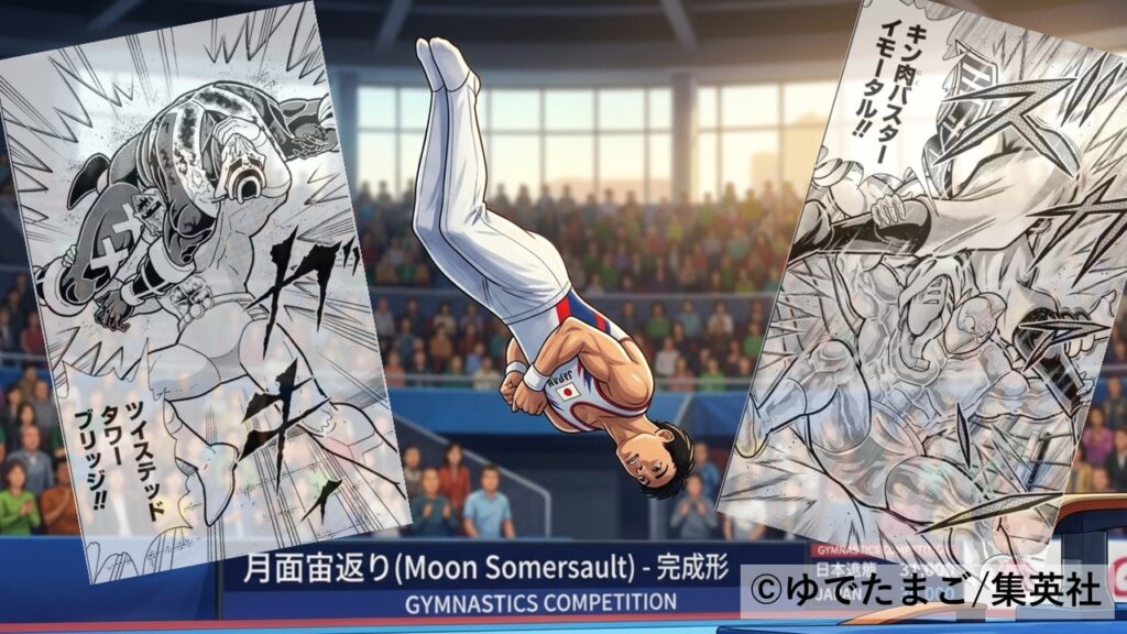 体操競技の月面宙返りと、フェイバリット技の“ひねりアレンジ”を比較した技術解説イラスト