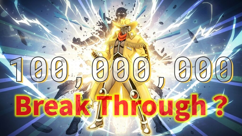 ペシミマンが“100,000,000 Break Through”の演出とともに超人強度の限界を突破する様子を描いたイラスト