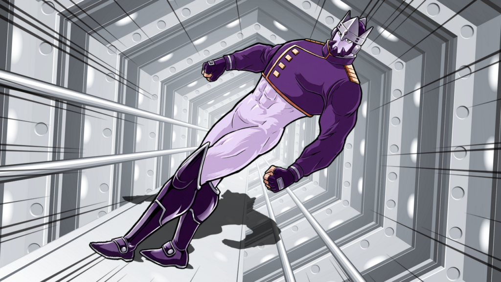 キン肉マンⅡ世に登場する指導者クロエ（ウォーズマンのオーバーボディ姿）が、グレーのメカニカルな通路を進イラスト。「これで行く！」という名シーンを再現。