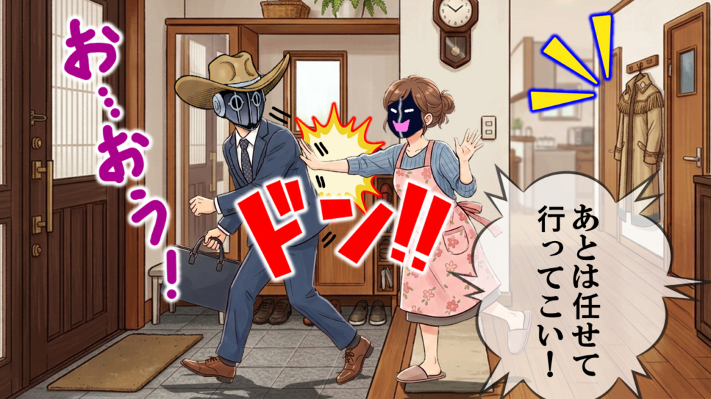 玄関先でペシミマンがウォーズマンにコートを預け、ウォーズマンが「任せて行ってこい！」と送り出すシーン。円熟夫婦のような信頼関係を象徴するコミカルな構図。