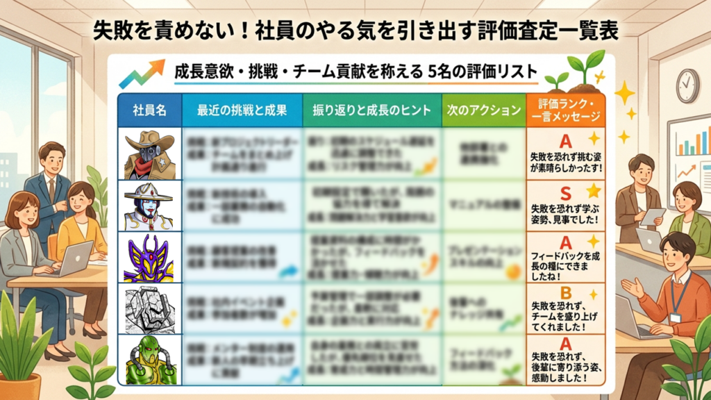 刻の神が部下の失敗を責めず、成長意欲や挑戦を評価する“ロイヤルティを高める査定表”を描いたイラスト。寛容で論理的なリーダー像を視覚化する構図。