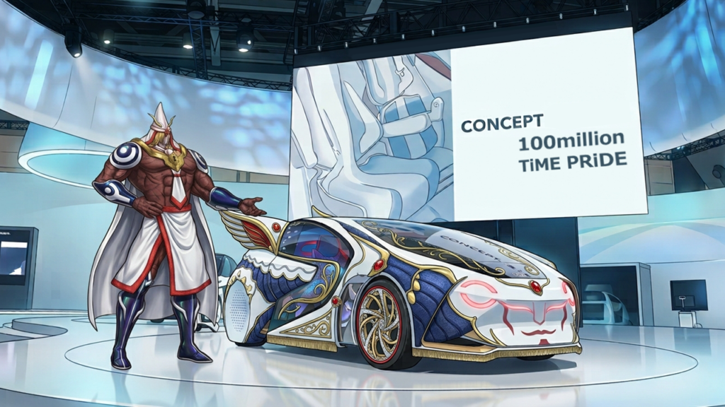ファナティックをコンセプトカー、他の四名を量産車として比喩的に描いたイラスト。五大刻の“1:4”という衝撃的な線引きを視覚化し、刻の神の価値観を補強する構図。
