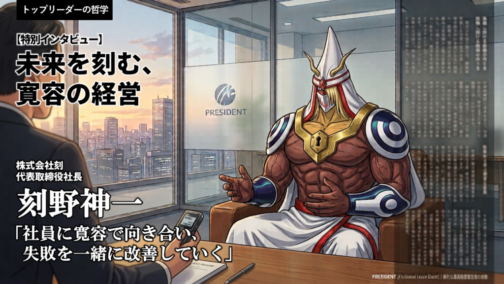刻の神が企業の社長としてインタビューされるパロディイラスト。理性的で寛容なリーダー像と、破滅思想のギャップをユーモラスに象徴する構図。