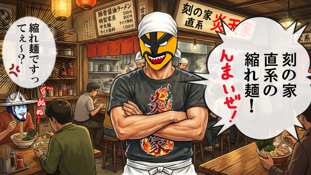 ラーメン家系比喩を視覚化したイラスト。刻の家のブランドを汚す炎天家の“縮れ麺”が、ファナティックの怒りとブランド維持の使命感を象徴する構図。