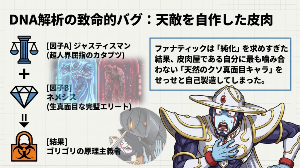 ジャスティスマン（因子A）＋ネメシス（因子B）＝原理主義者（結果）という“天敵生成の皮肉”を図解したイラスト。