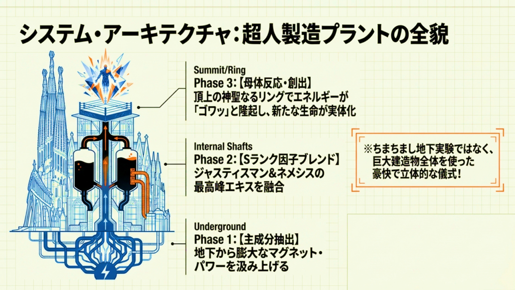 サグラダファミリアを巨大な“超人製造プラント”として図解したイラスト。地下→中層→頂上の三段階構造で新超人が誕生する仕組みを示す。