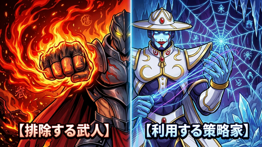 キン肉マン545話解説図解。赤と青の背景で「排除する武人」と「利用する策略家」の対比を描いたキャラクター比較イラスト