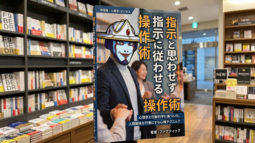 ビジネス書コーナー風パロディ。ファナティック著『指示と思わせず指示に従わせる操作術』の帯付き書籍コラージュイラスト