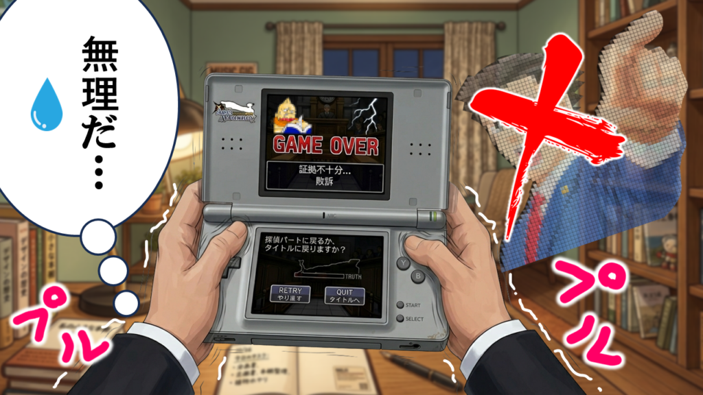 逆転裁判のゲーム画面風コラージュ。ハラボテ委員長の弁護に失敗し「証拠不十分で敗訴」とゲームオーバー画面が表示されたイラスト