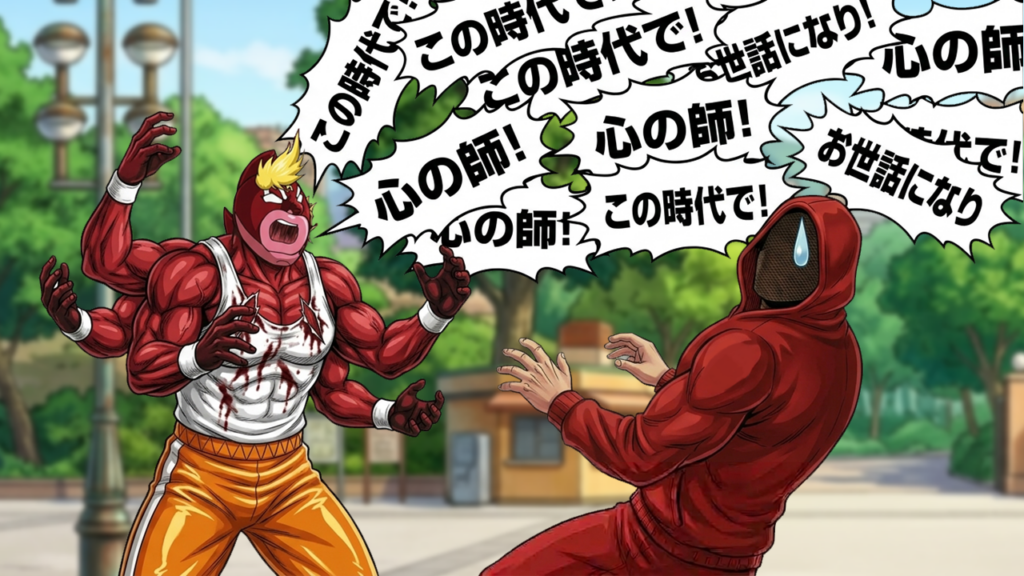 感情が高ぶり阿修羅のように腕を増やして「この時代で！」「心の師！」とマシンガントークで興奮するキン肉マングレートと引いているパーカー男