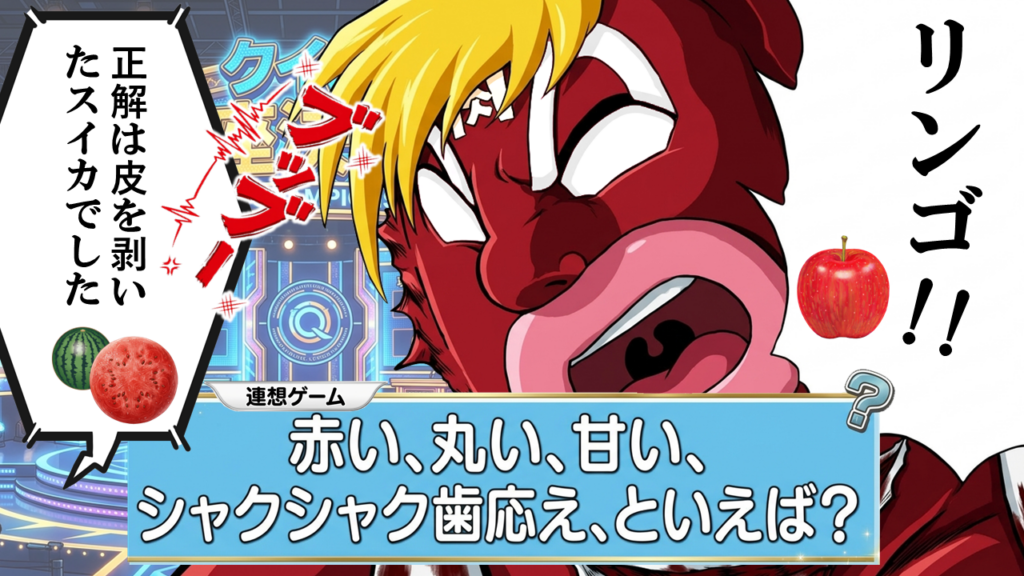 連想ゲームで「リンゴ」と誤解答してブザーが鳴るキン肉マングレートと、正解が「皮を剥いたスイカ」で困惑するクイズ番組風のイラスト