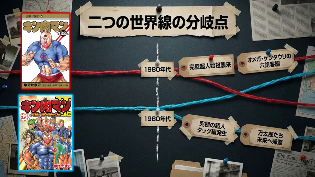 1980年代から「始祖・六鎗客編(世界線A)」と「究極の超人タッグ編(世界線B)」へ枝分かれする二つの世界線の分岐点を表した考察図解ボード