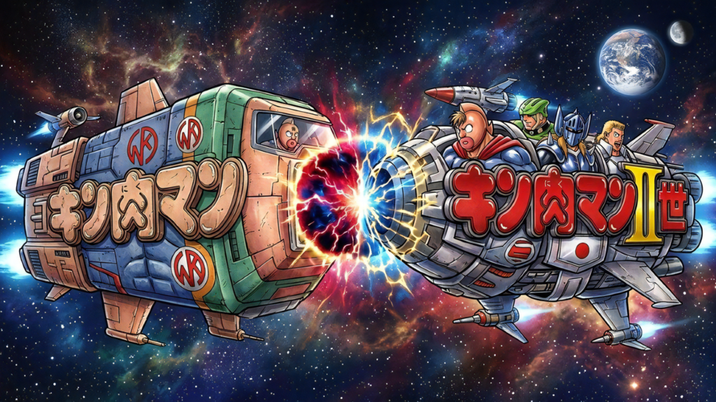宇宙空間で『キン肉マン』と『キン肉マンII世』の巨大な宇宙船同士がドッキング(結合)しようとしているSF風イメージイラスト
