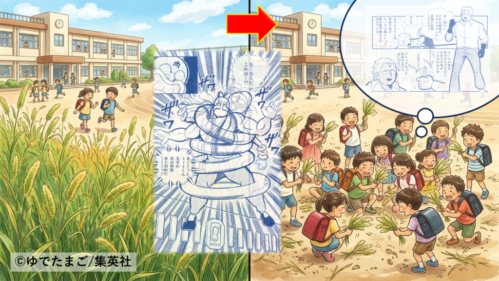 モンゴルマンのネコジャラシ脱出技の影響がありすぎて、小学校の校庭からエノコロ草が消えた様子を描いたパロディイラスト