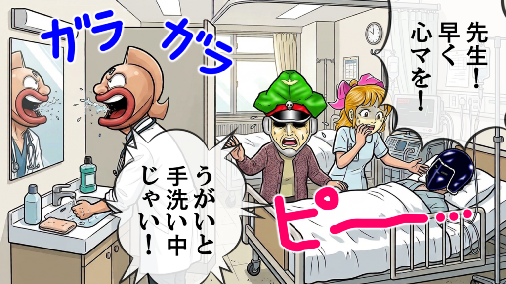優先事項を放って試合観戦にのめり込む寄り道を、心マが必要な急患がいるのに、悠長に手洗いうがいをしてから行動しようとする主治医・キン肉マンのパロディイラスト