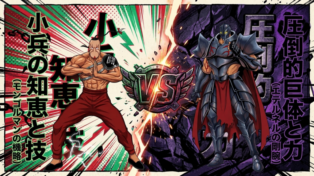 キン肉マン548話、小兵の知恵と技対圧倒的巨体の力という対極の戦闘テーマ解説イラスト