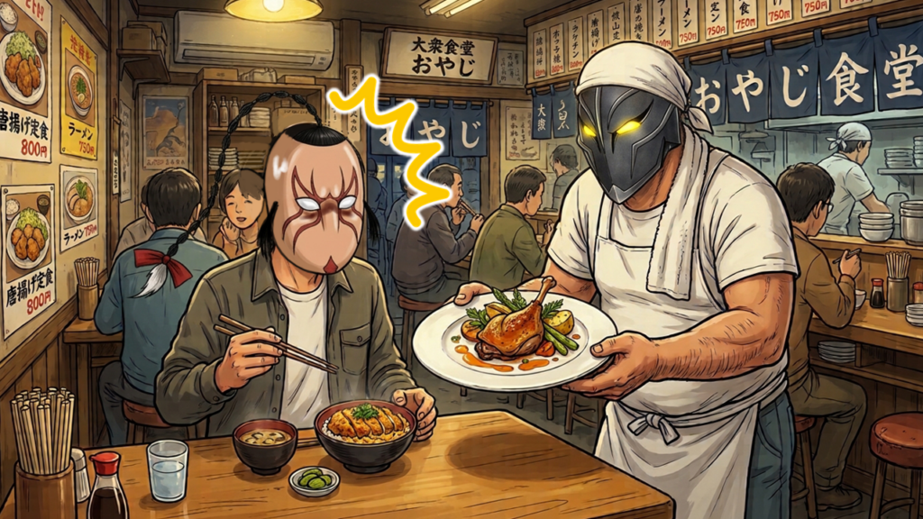 キン肉マン548話、エテルネルのスタイルチェンジを定食屋の鴨のコンフィに例えたパロディイラスト